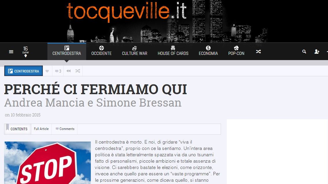Chiude l'aggregatore liberale Tocqueville.it