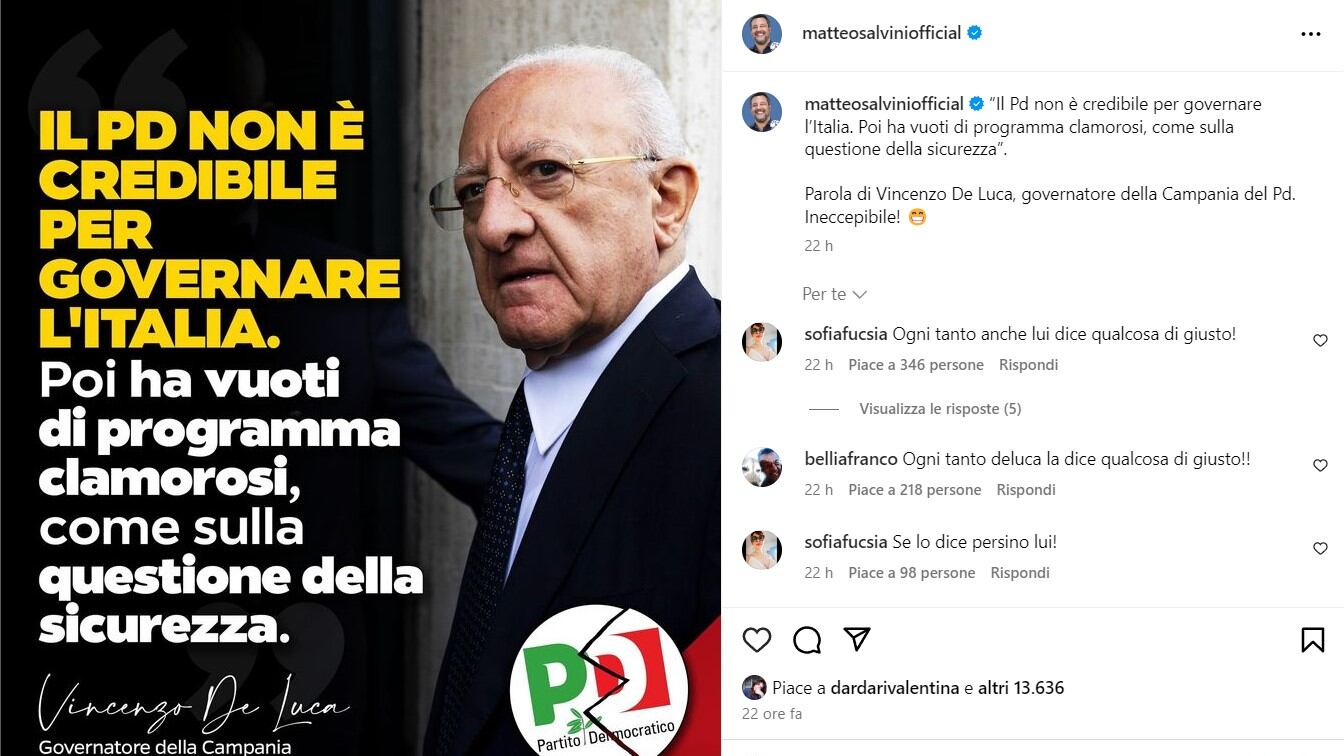De Luca: "Il Pd non è credibile". E Salvini gli dà ragione