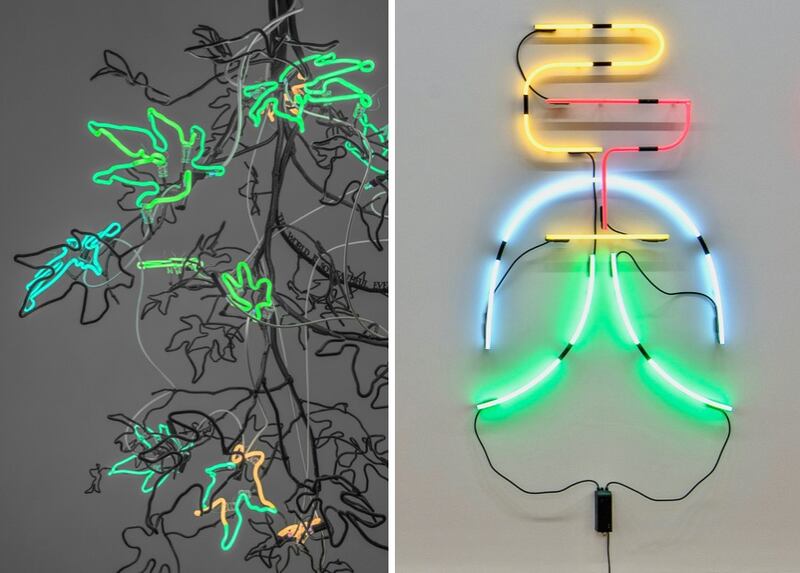 Andrea Bowers, "Chandeliers of Interconnectedness" (The world is so beautiful even as it burns. Quote used by permission of Terry Tempest Williams) e Keith Sonnier "Comus" (Sel series) 1978/2003. Courtesy Galleria Fumagalli; Ph: Antonio Maniscalco