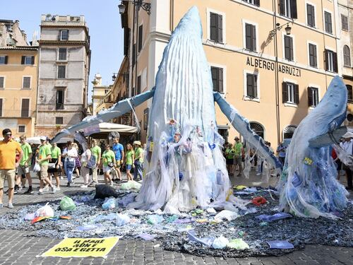 Davanti al Pantheon spuntano due balene: la protesta di Greenpeace