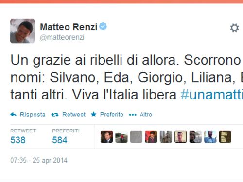 25 Aprile, Renzi: "Viva l'Italia libera. Grazie ai ribelli di allora"
