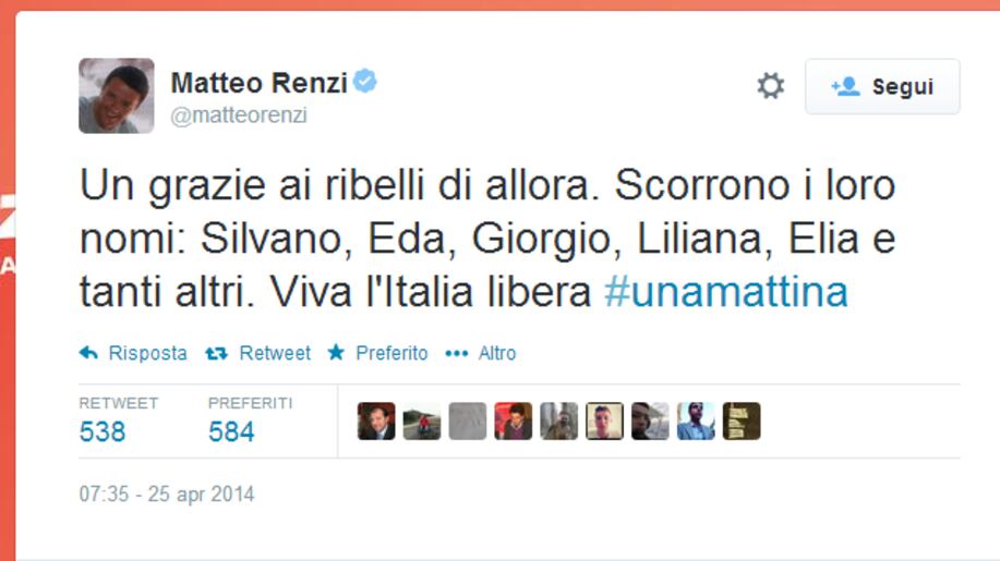 25 Aprile, Renzi: "Viva l'Italia libera. Grazie ai ribelli di allora"