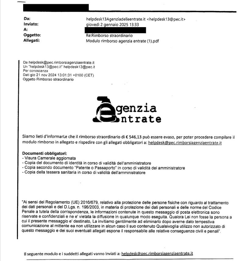 Un esempio di e-mail fraudolenta mostrato da Agenzia delle Entrate