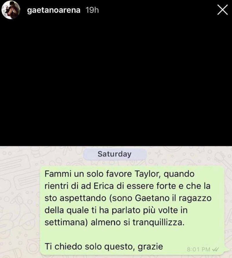 Screenshot messaggio tra Gaetano Arena e Taylor Mega
