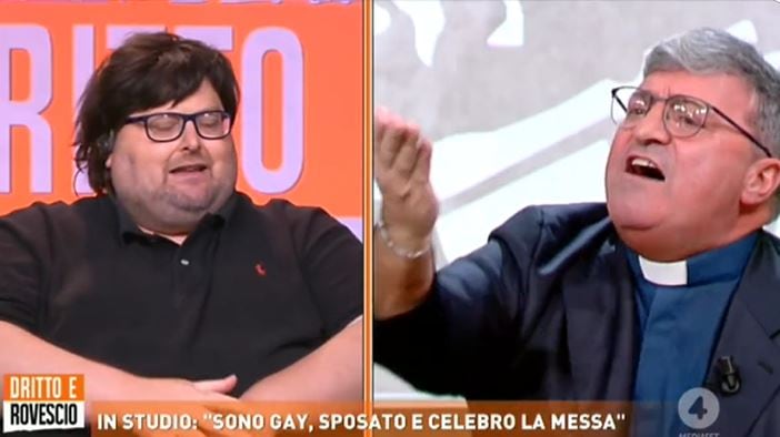"Pupazzo", "Dici stro...". Scontro in tv tra Adinolfi e don Patrizio