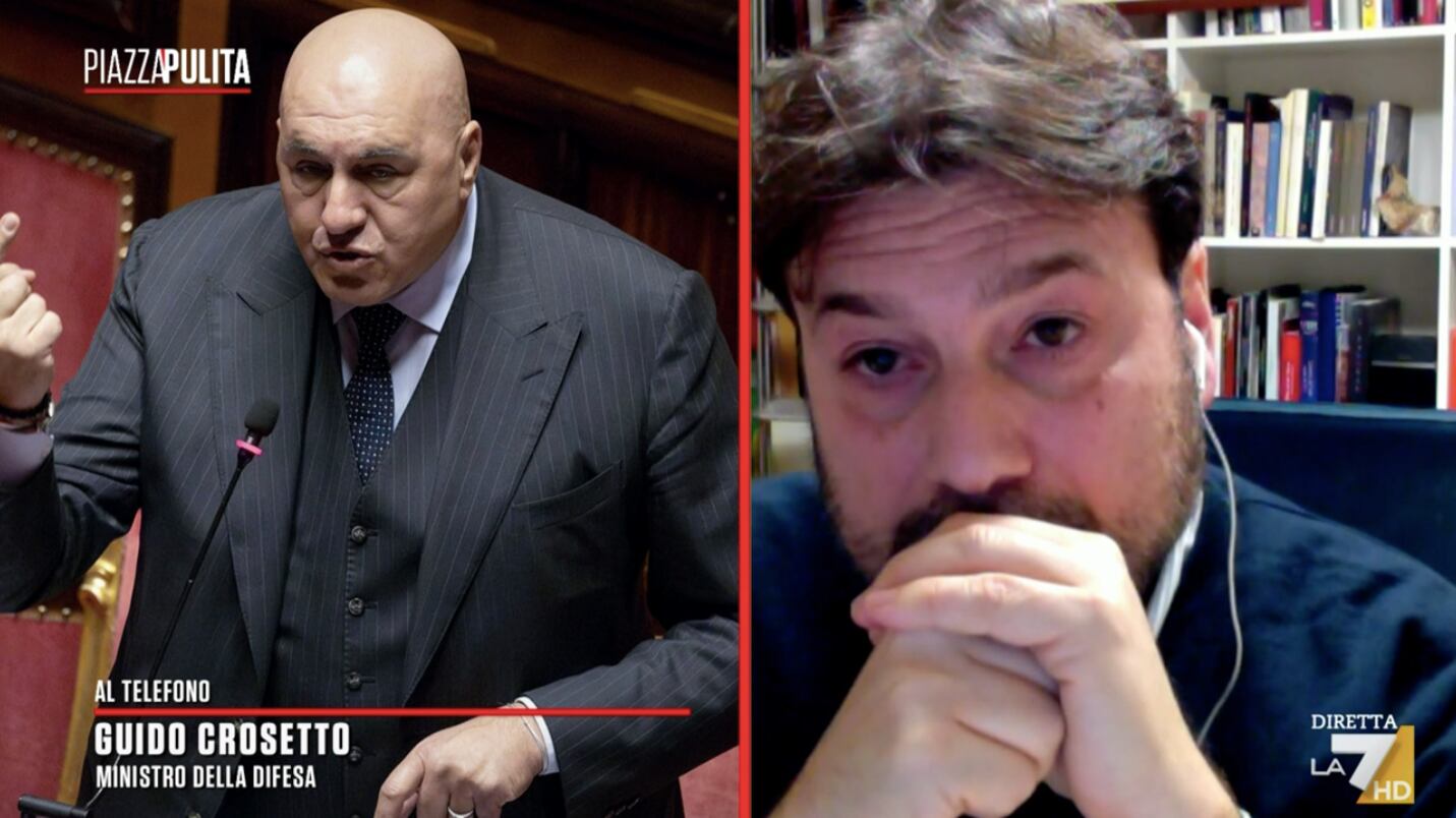 “Mi dispiace che insegni ai giovani”. Crosetto chiama Formigli e sferza Montanari