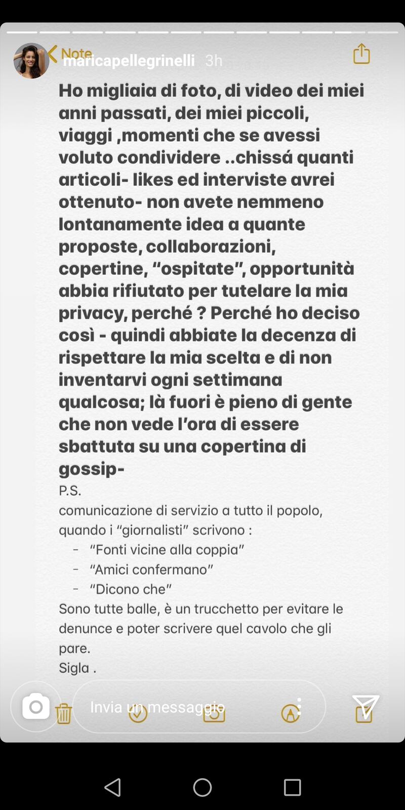 Pellegrinelli dichiarazione social
