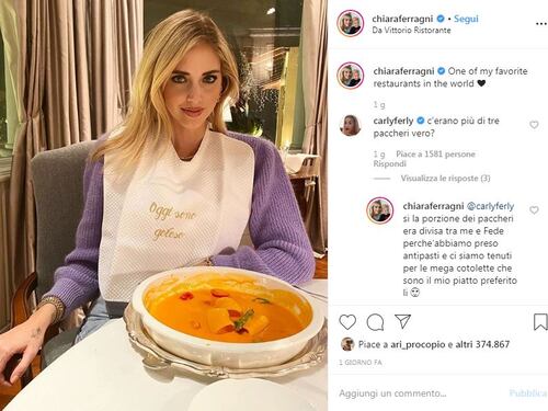 Chiara Ferragni spende 40 euro per un piatto di pasta