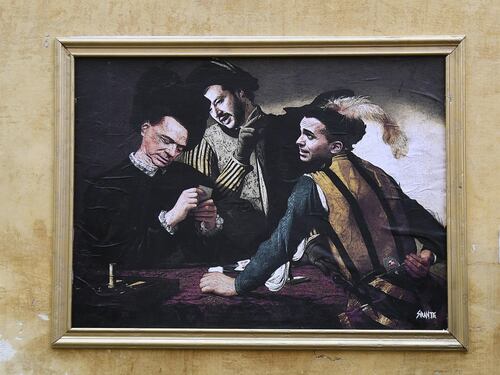 Berlusconi, Salvini e Di Maio come ne "I Bari" di Caravaggio