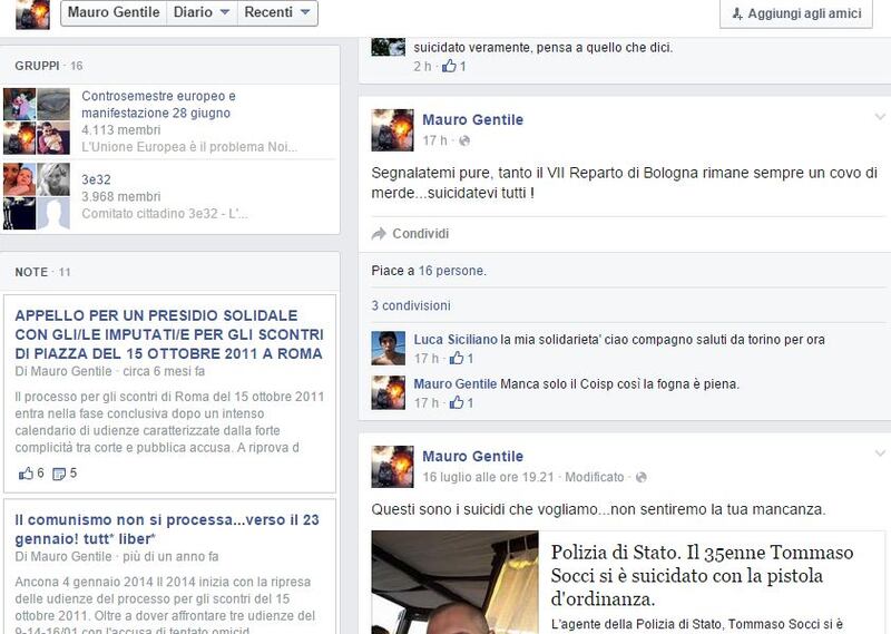 I post su Facebook di Mauro Gentile: "Suicidatevi" 1