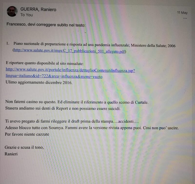 FOTO 1: La mail con cui Guerra chiede di indicare come "ultimo aggiornamento" il 2016