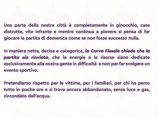 "Non si deve giocare". La Fiesole prende posizione su Fiorentina-Juve dopo l'alluvione