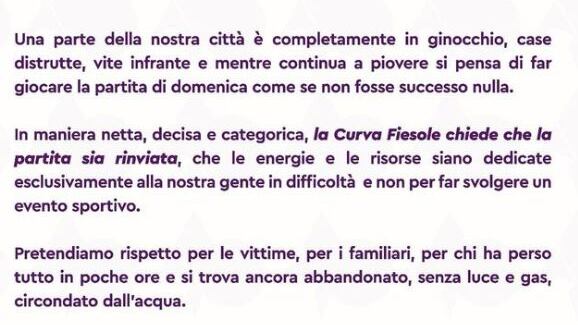 "Non si deve giocare". La Fiesole prende posizione su Fiorentina-Juve dopo l'alluvione