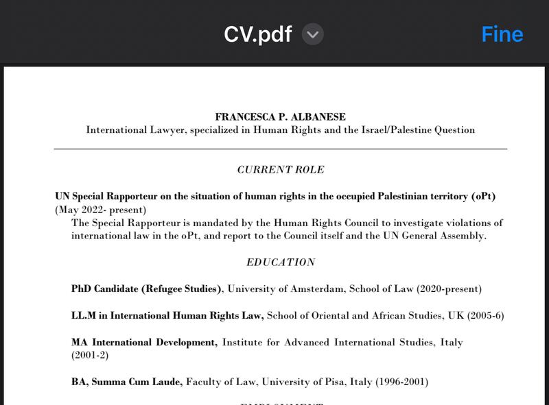 Il cv di Francesca Albanese sul sito dell’UniBo 