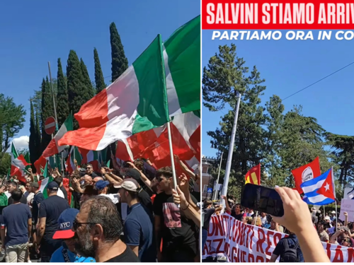 Odio rosso, fiamme e letame davanti al ministero di Salvini. E in 10mila sfilano per la Remigrazione