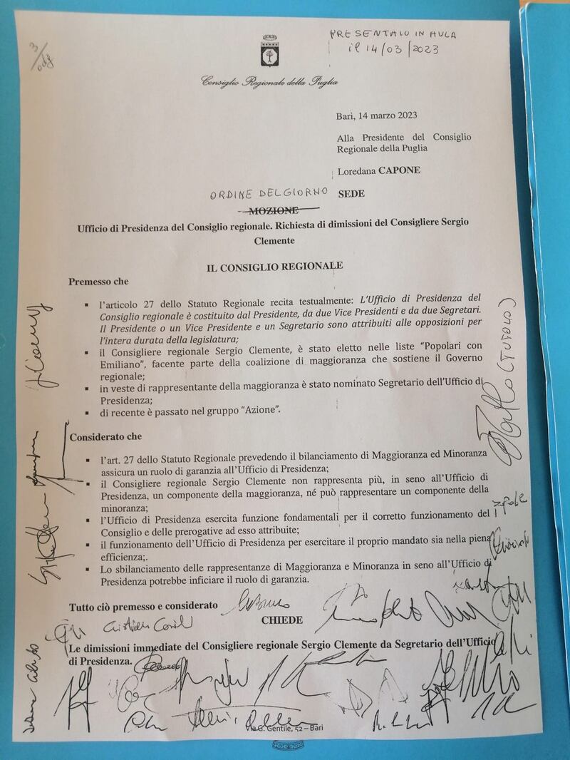 Michele Emiliano Consiglio Regionale 14 marzo 2023