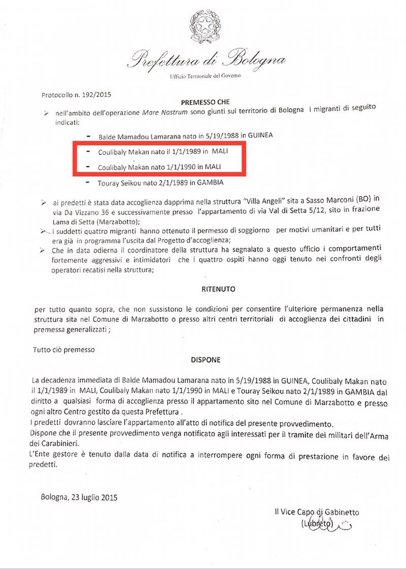Documento prefettura Bologna