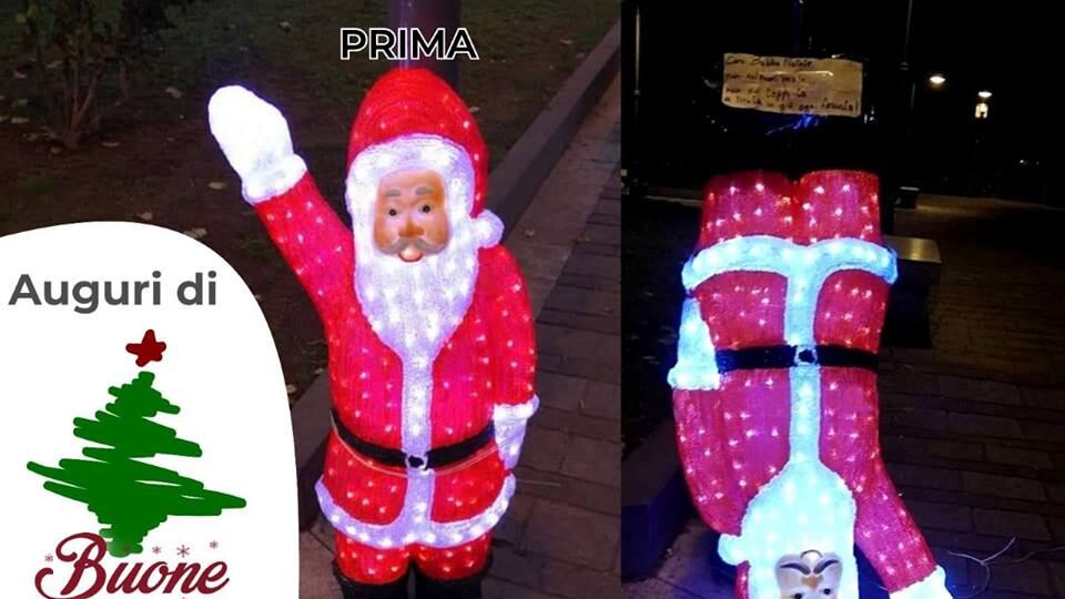 Pozzuoli, la sinistra mette a testa in giù un Babbo Natale "fascista"