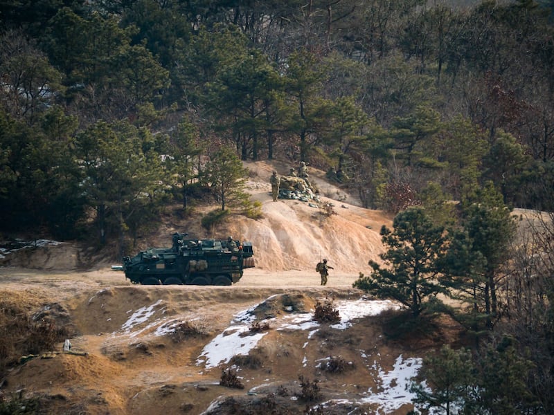 Un mezzo Stryker durante un'esercitazione