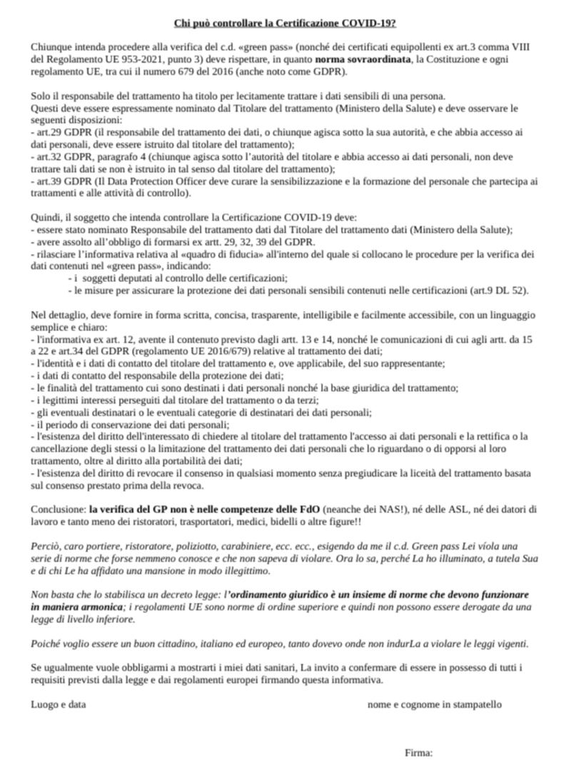 Il modulo di avvertimento spedito via mail