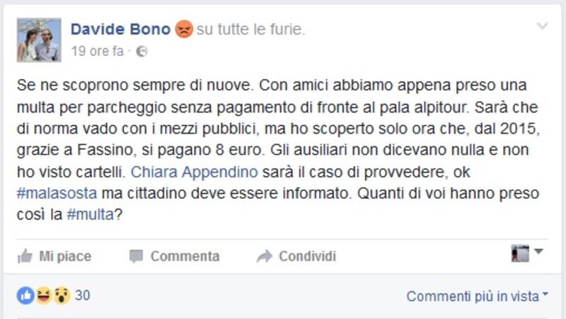 Il post su Fb di Davide Bono