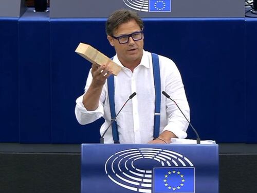 La protesta del leghista Ciocca a Strasburgo: un mattone contro le politiche della Bce