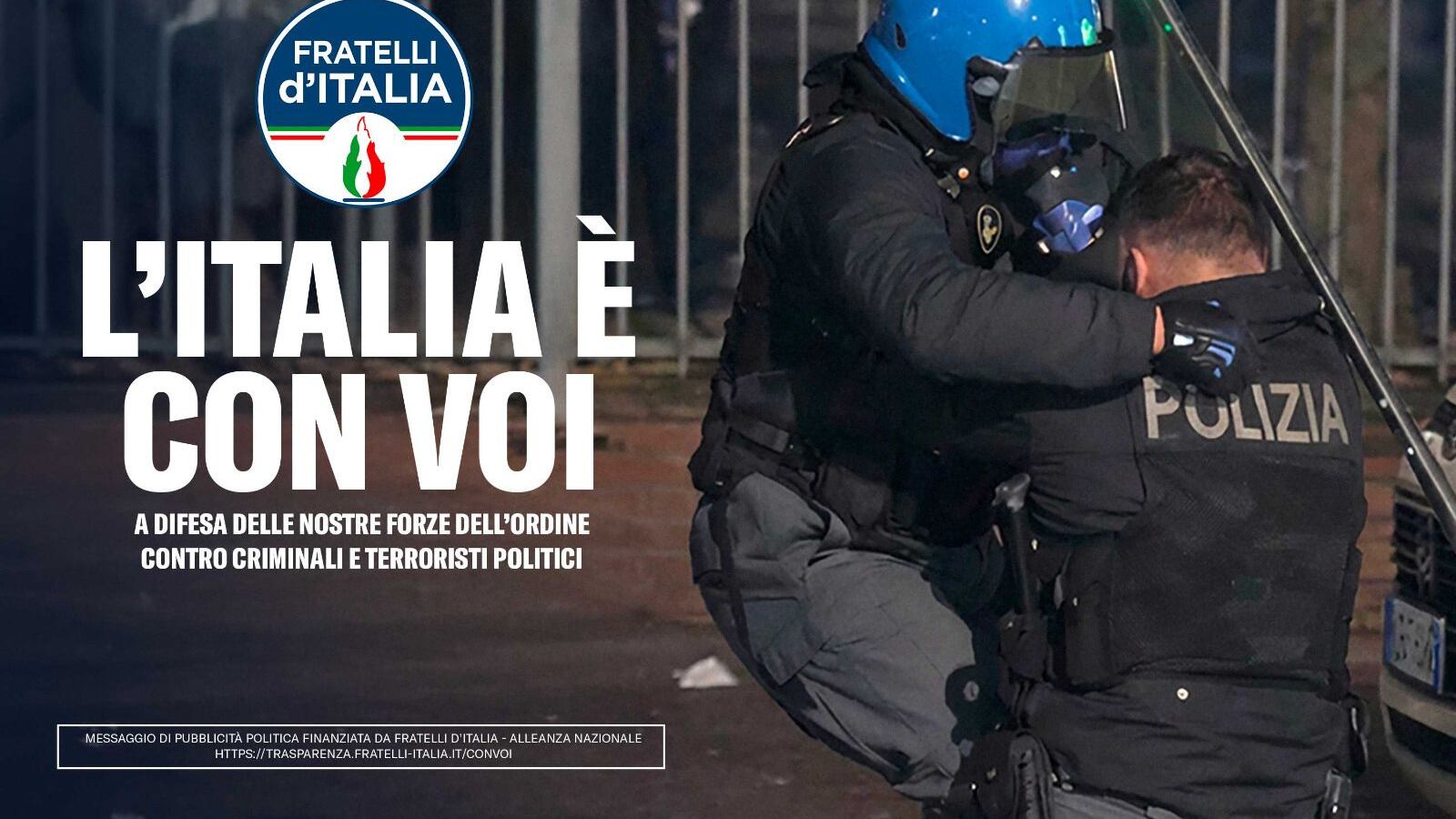 “L’Italia è con voi”. FdI lancia campagna a sostegno delle forze dell’ordine