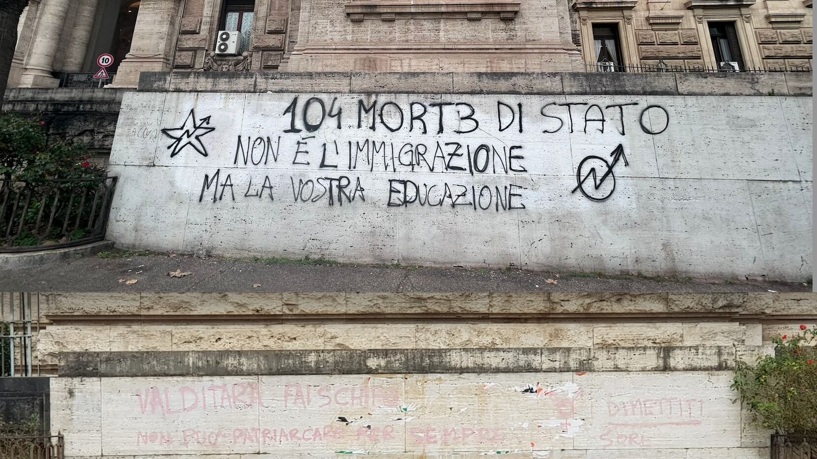 Scuola, scritte con simboli anarchici e stella a 5 punte contro Valditara. Meloni: "Gesto vile, piena vicinanza"