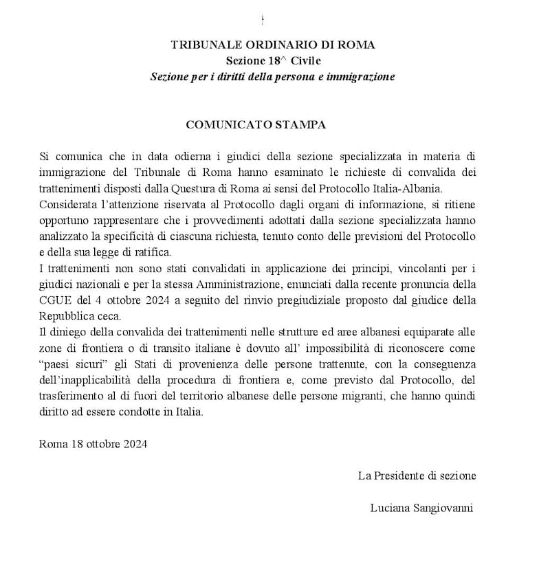 Il comunicato stampa del tribunale di Roma