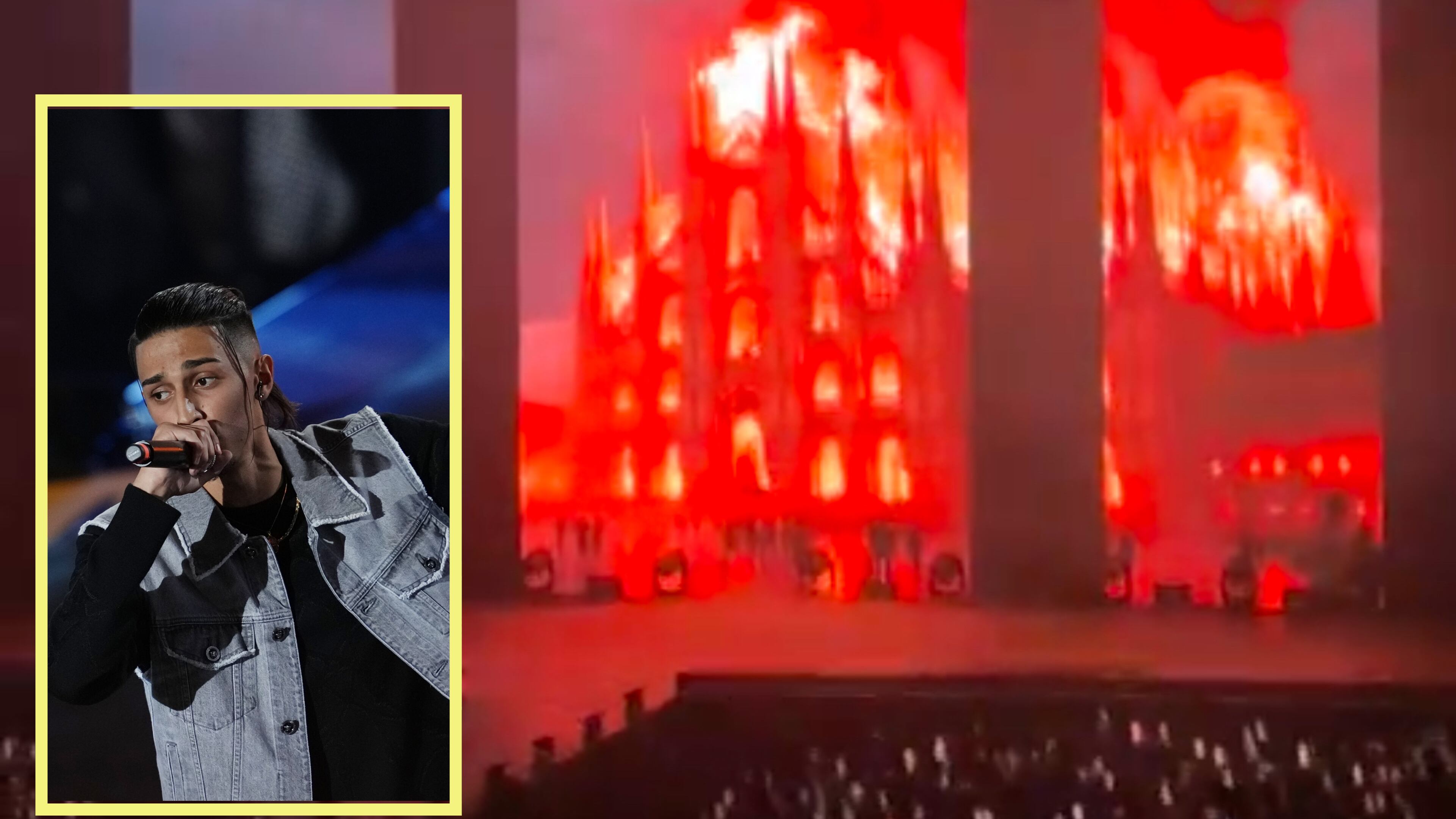 Immagini del Duomo di Milano tra le fiamme e il pubblico applaude Baby Gang