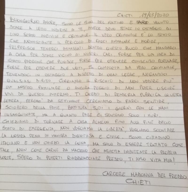 Lettera carcere Chieti