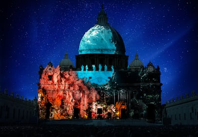 Coral reef projected on St. Peter's Basilica. Photography by Shawn Heinrichs. Artistic rendering by Obscura Digital
