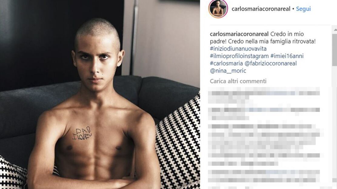 Carlos Maria, il figlio di Corona su Instagram e scoppia la polemica