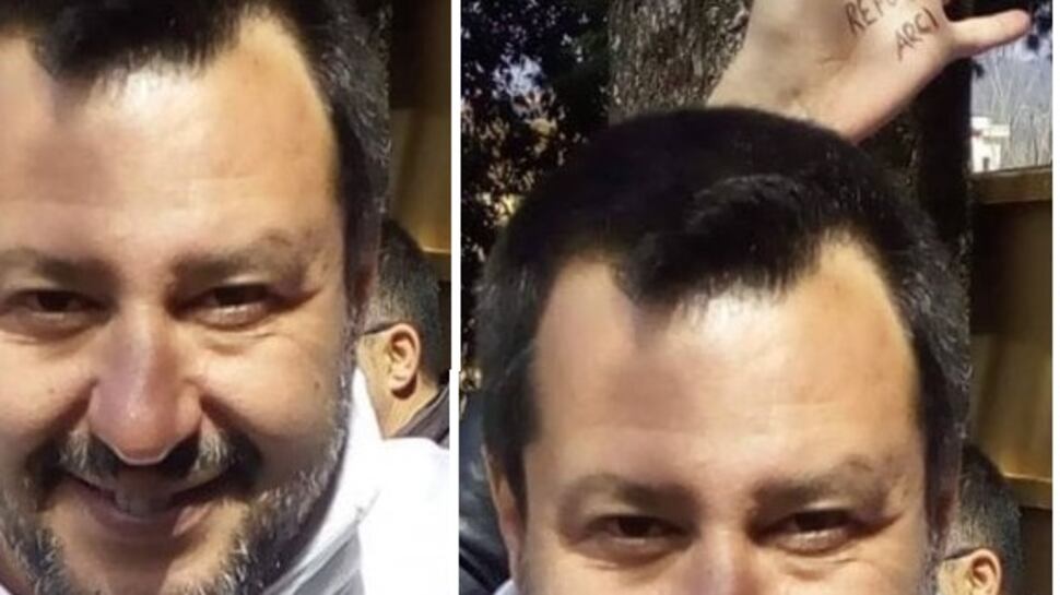 Salvini in diretta su Fb, ma dietro la testa spunta una mano con uno slogan