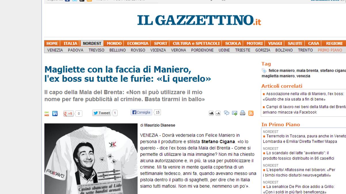 T-shirt con la faccia di Maniero, ma il boss del Brenta si offende...
