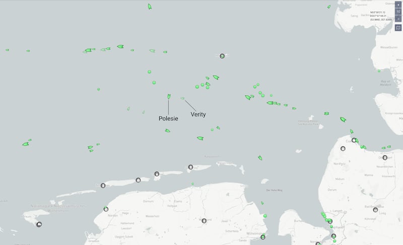 L'ultima posizione nota delle due imbarcazioni. Fonte: MarineTraffic