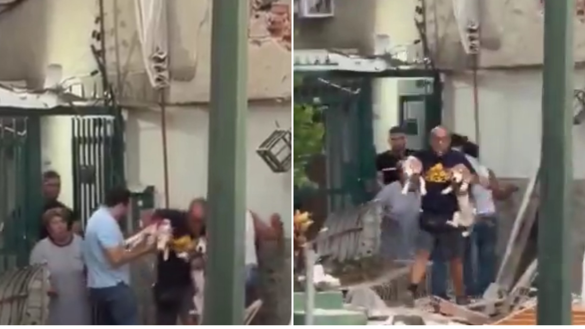 Caracas, uomo scappa dalla casa in macerie con i suoi due cani in braccio durante il sisma