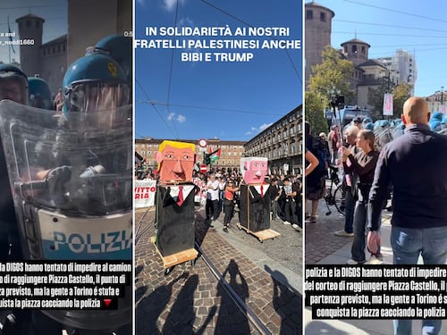 Pro Pal di nuovo in piazza: a Torino calci e pugni alla polizia. Sotto il Colosseo lo striscione “7 ottobre giornata della resistenza”