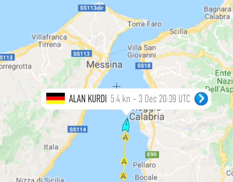 La traccia del percorso della Alan Kurdi segnalata su Twitter
