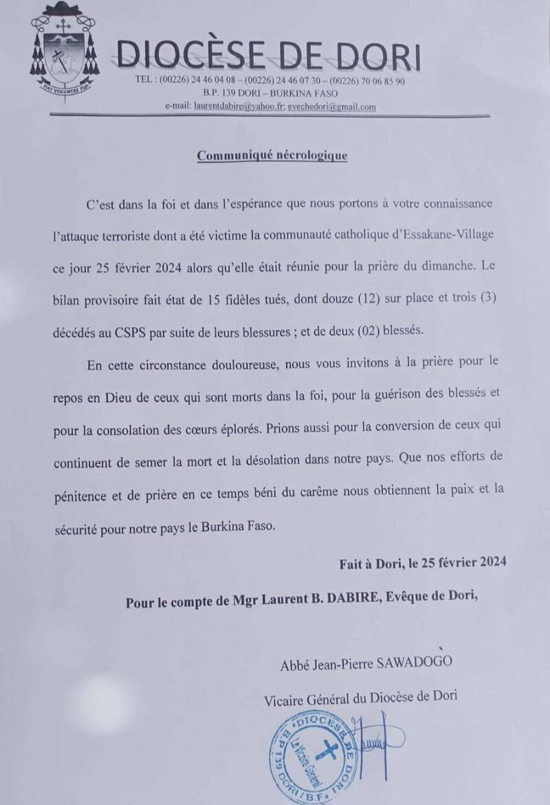 Comunicato diocesi Burkina Faso