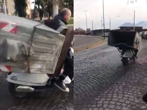 Napoli, ruba cassonetto dei rifiuti e lo trasporta sul motorino