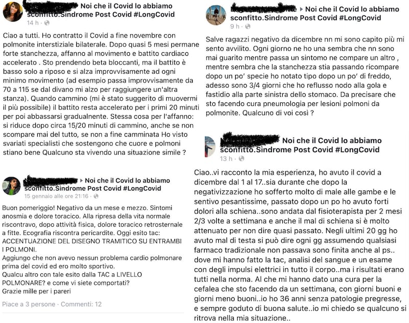 Collage post di guariti affetti da sindrome post-Covid