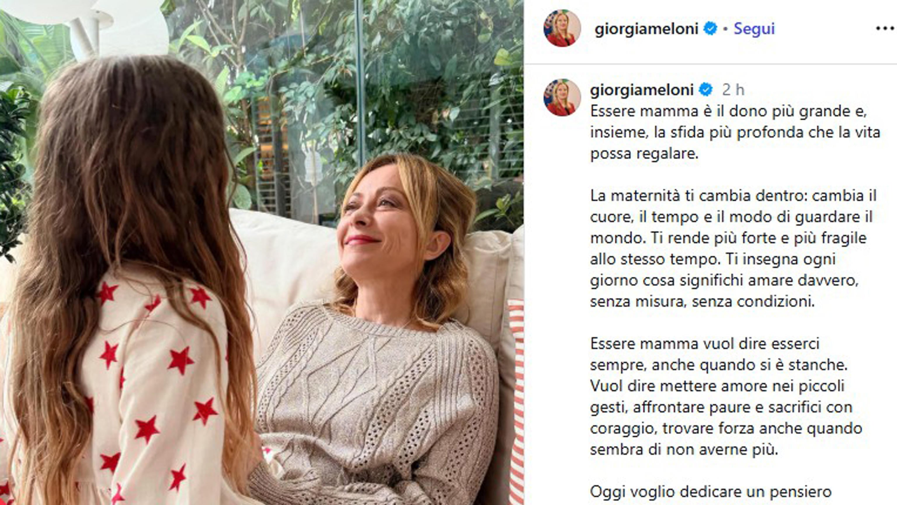 "Dono più grande e sfida più profonda". Il messaggio di Meloni per la Festa della Mamma