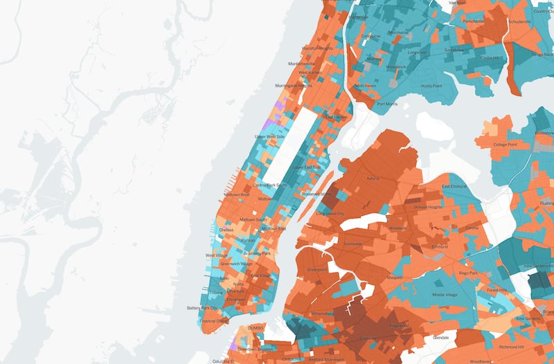 Mappa elettorale delle primarie. In blu le zone viente da Cuomo. Da segnalare le zone di Upper East Side e Upper West Side a Manhattan dove si trovano molti investimenti immobiliari
