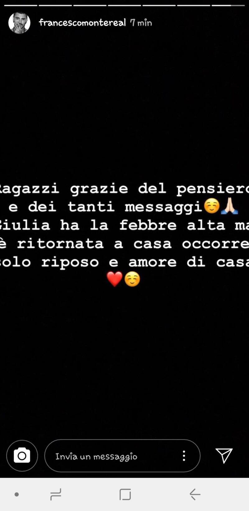 Francesco Monte, post su Instagram