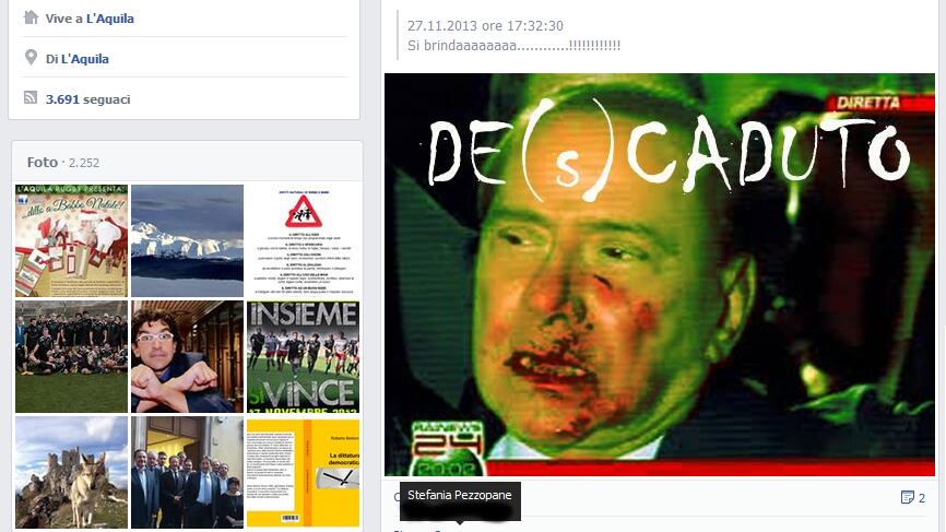 Pezzopane senza limiti. Sul suo profilo Facebook si inneggia a Tartaglia