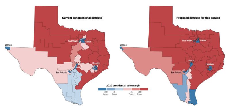Le due mappe dei distretti del Texas. A sx l'attuale mappa, a dx quella che i repubblicani vogliono cambiare