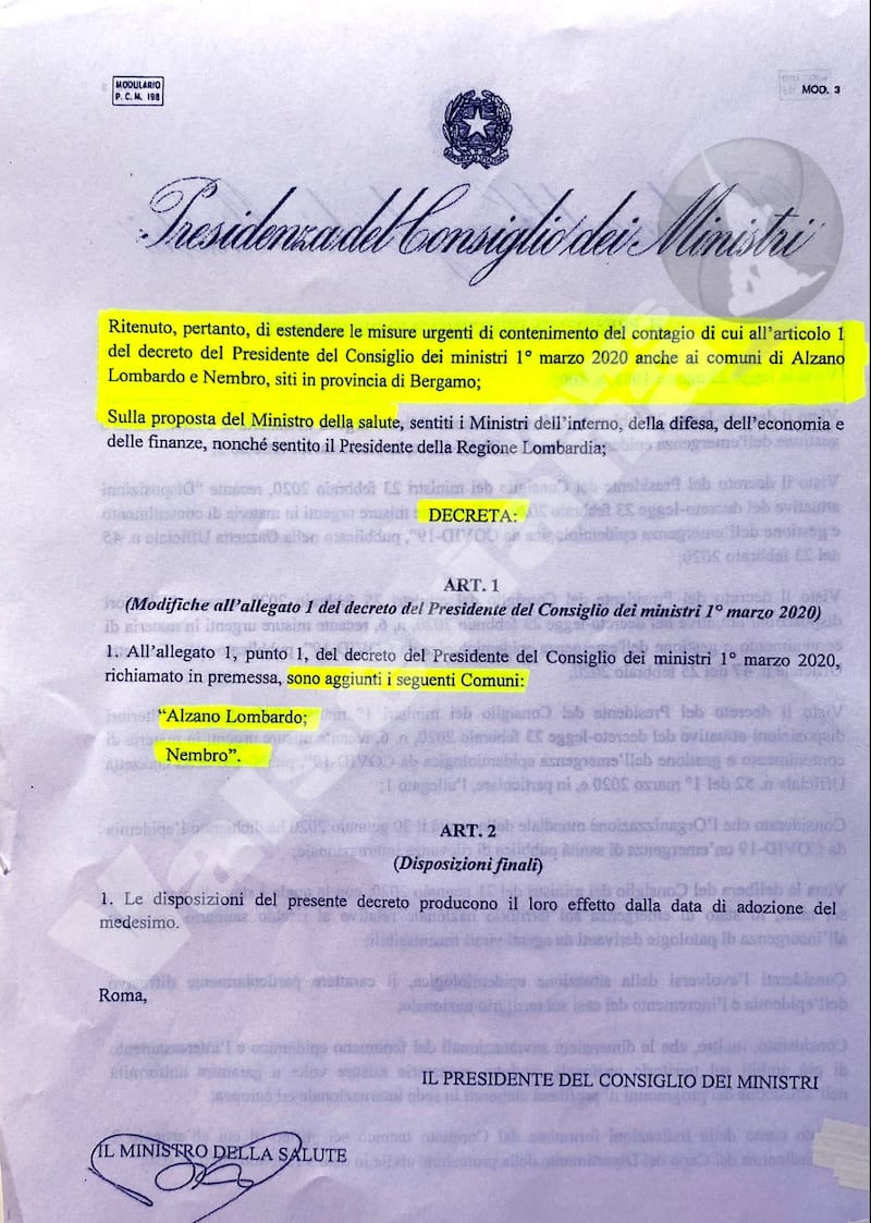 Bergamo, il decreto sulla zona rossa mai firmato da Conte 1