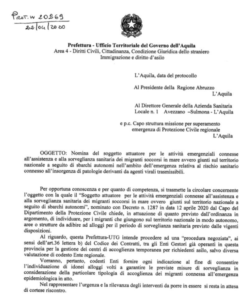 Nota prefettura L'Aquila