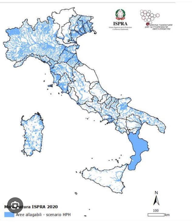 Percentuali di area comunale allargabile per scenario di pericolosità da alluvione media (fonte: Ispra)